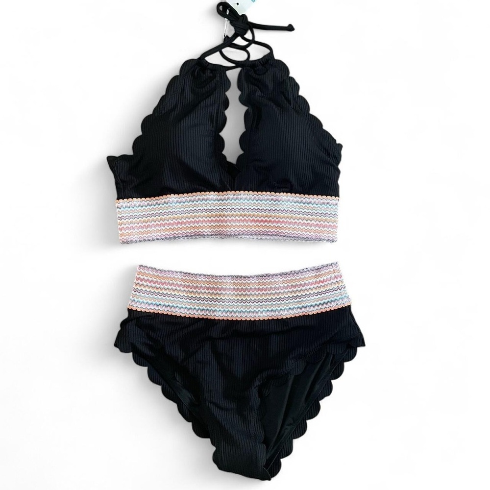 Black Scalloped Bikini Set with Multicolor Band NWT
